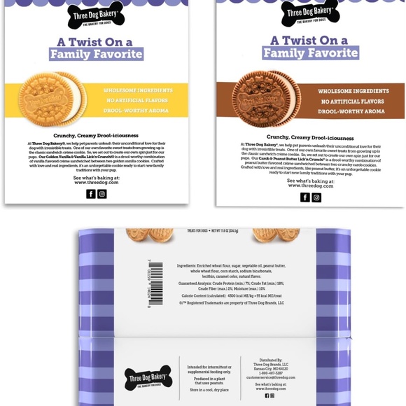 Treats- Three Dog Bakery Lick'n Crunch! Sandwich Cookies Variety Pack 3 Pack New - Picture 2 of 5